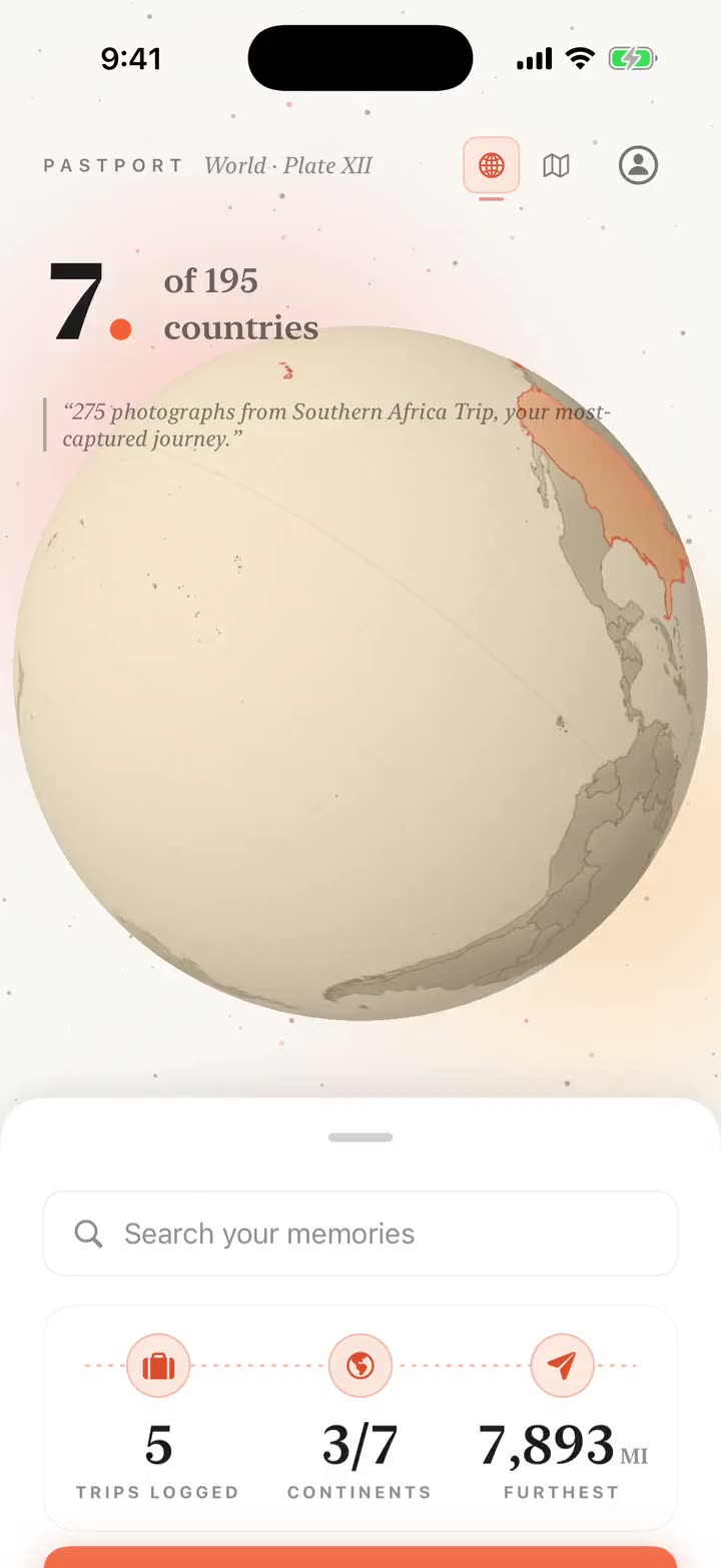 The Pastport globe screen: a warm paper globe with visited countries stamped in terracotta orange.