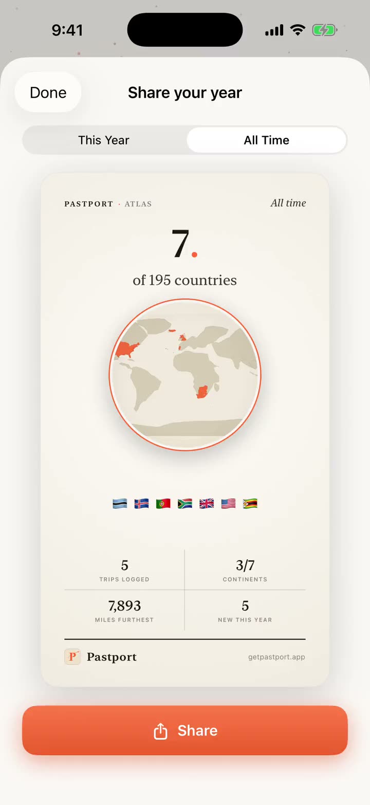 The share screen: an elegant recap card summarizing a year of travel, ready to share.