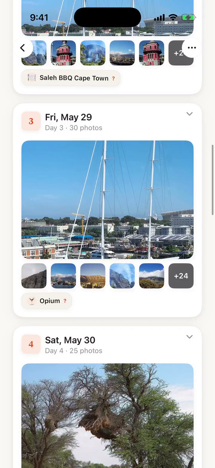 A trip detail screen showing a day-by-day timeline of stops on a map.
