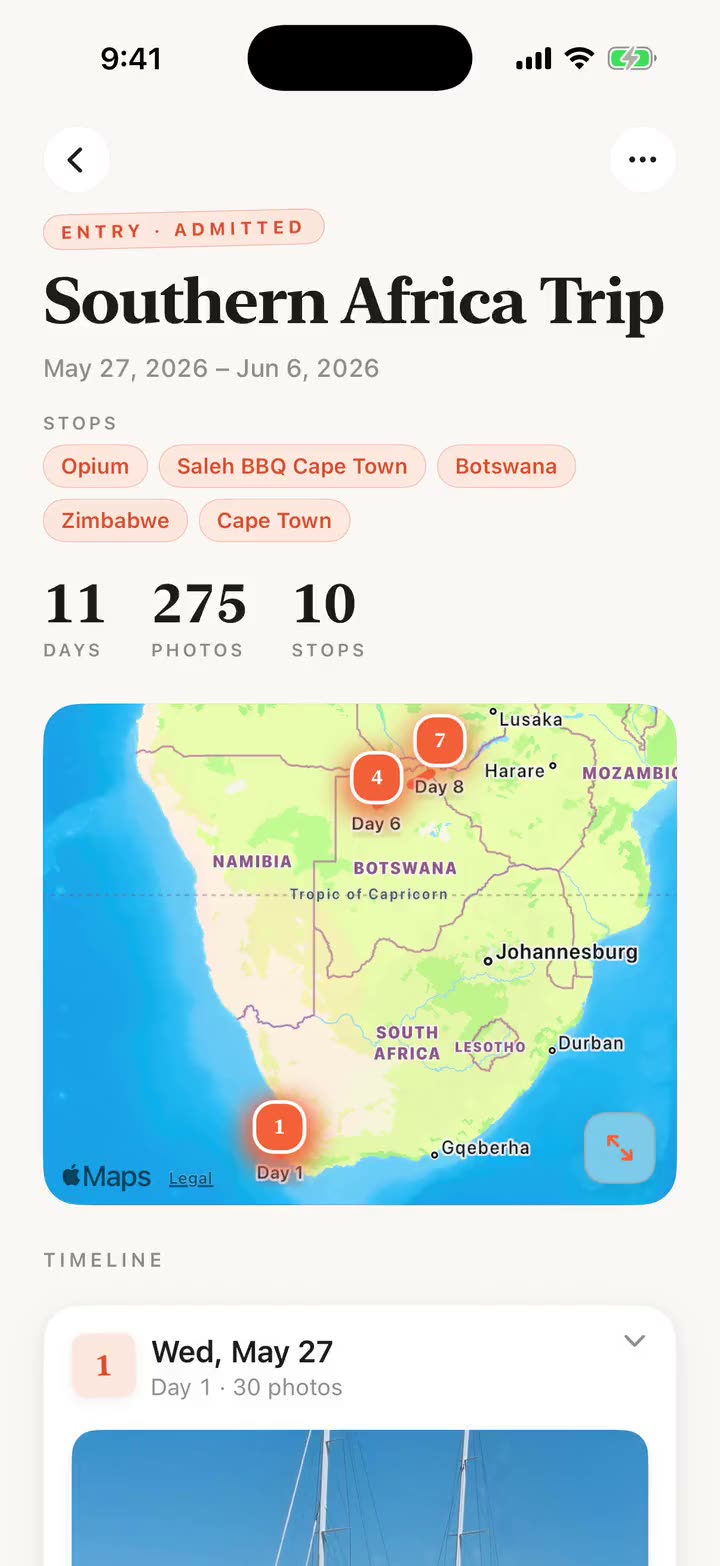 The trips list screen: automatically detected trips with cover photos, dates, and place names.